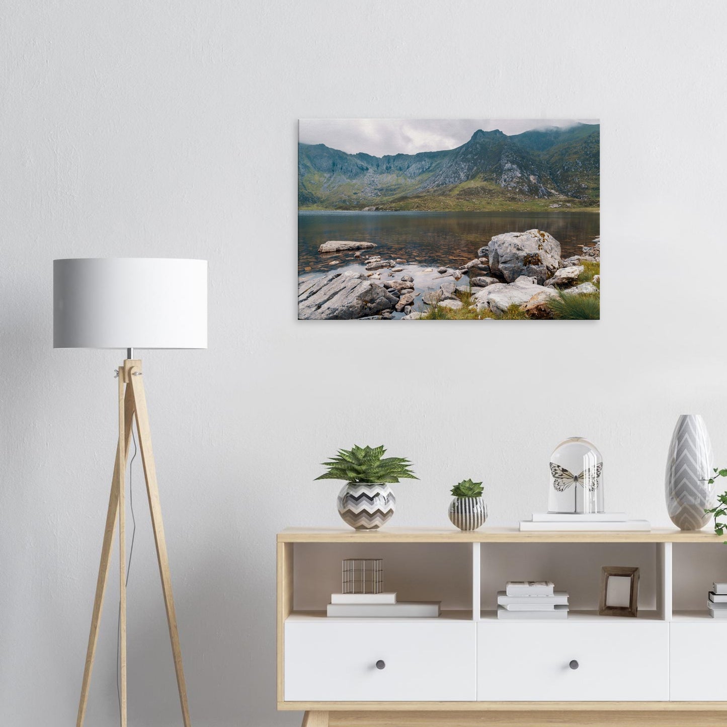 Natural rock sculptures in Llyn Idwal’s calm waters on canvas