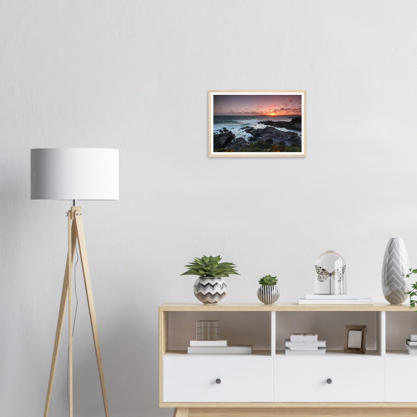 Sunset seascape framed wall art of Heybrook Bay in Devon