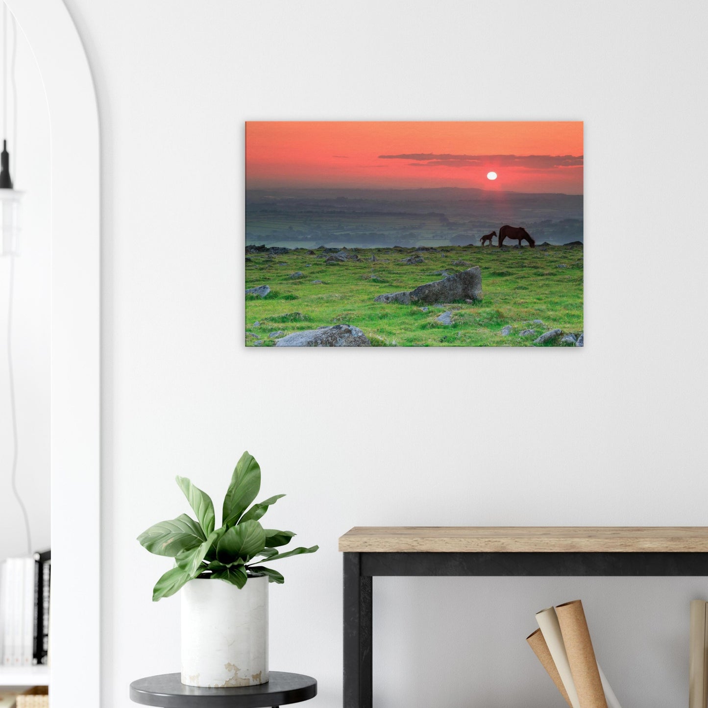 Majestic Dartmoor sunset with equine silhouettes and ancient stone landscape, canvas artwork.