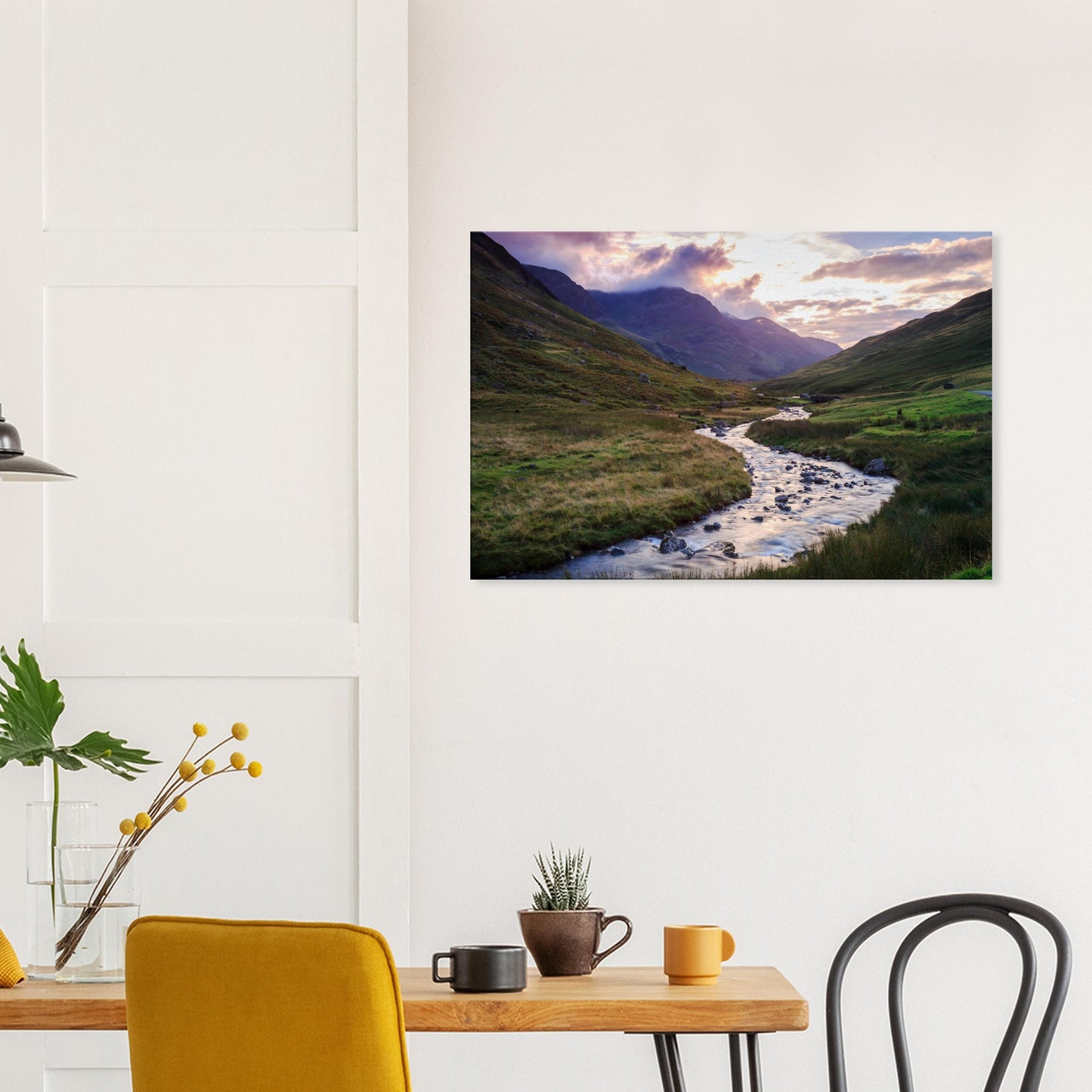 Peaceful Lake District canvas featuring Honister Pass valley glowing in warm sunset hues with a babbling brook and tall mountains.