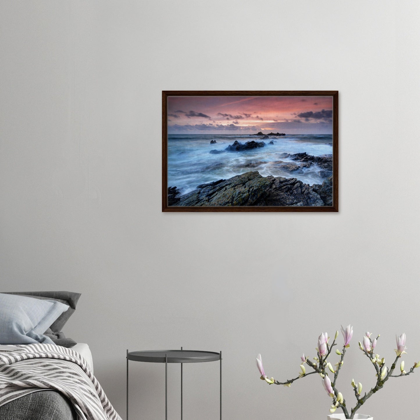 Framed canvas capturing golden hour at Heybrook Bay
