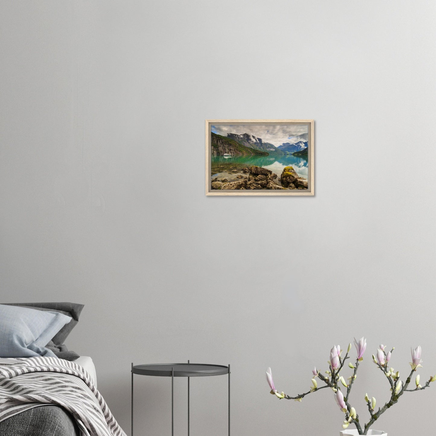 Strynevatnet framed print with peaceful boat on still water