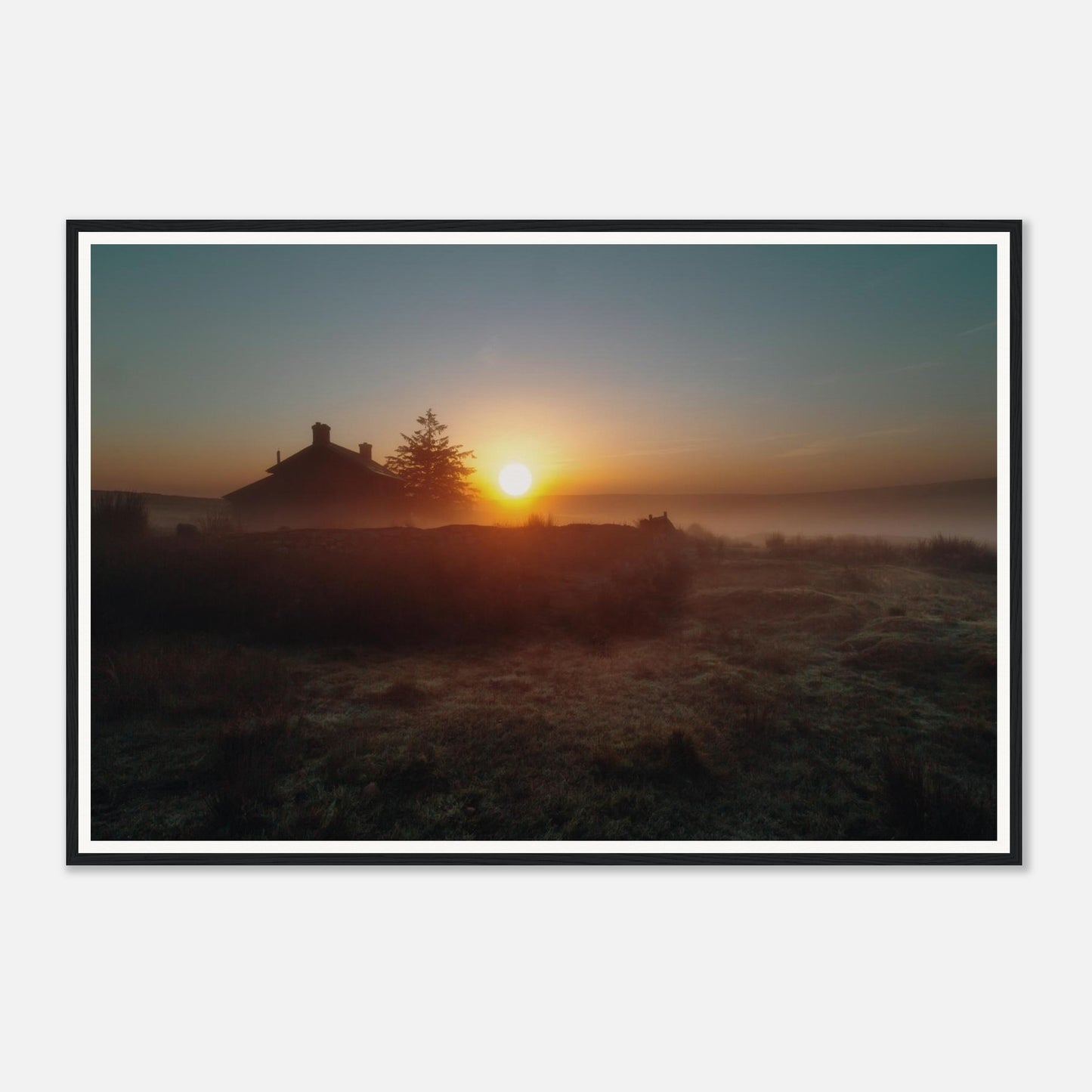 Scenic Dartmoor sunrise framed wall art with farmhouse silhouette