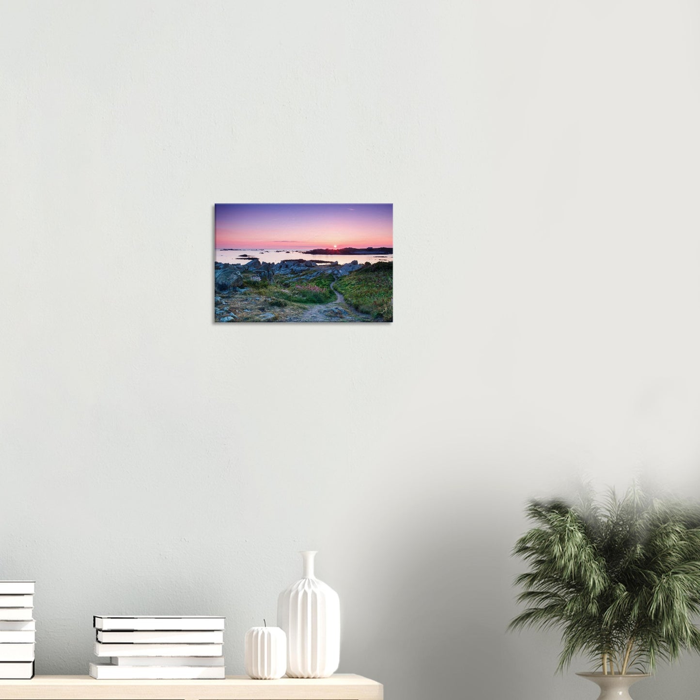 Canvas artwork capturing the peaceful beauty of Lihou Island at dusk with scattered rocks and sunset reflections.
