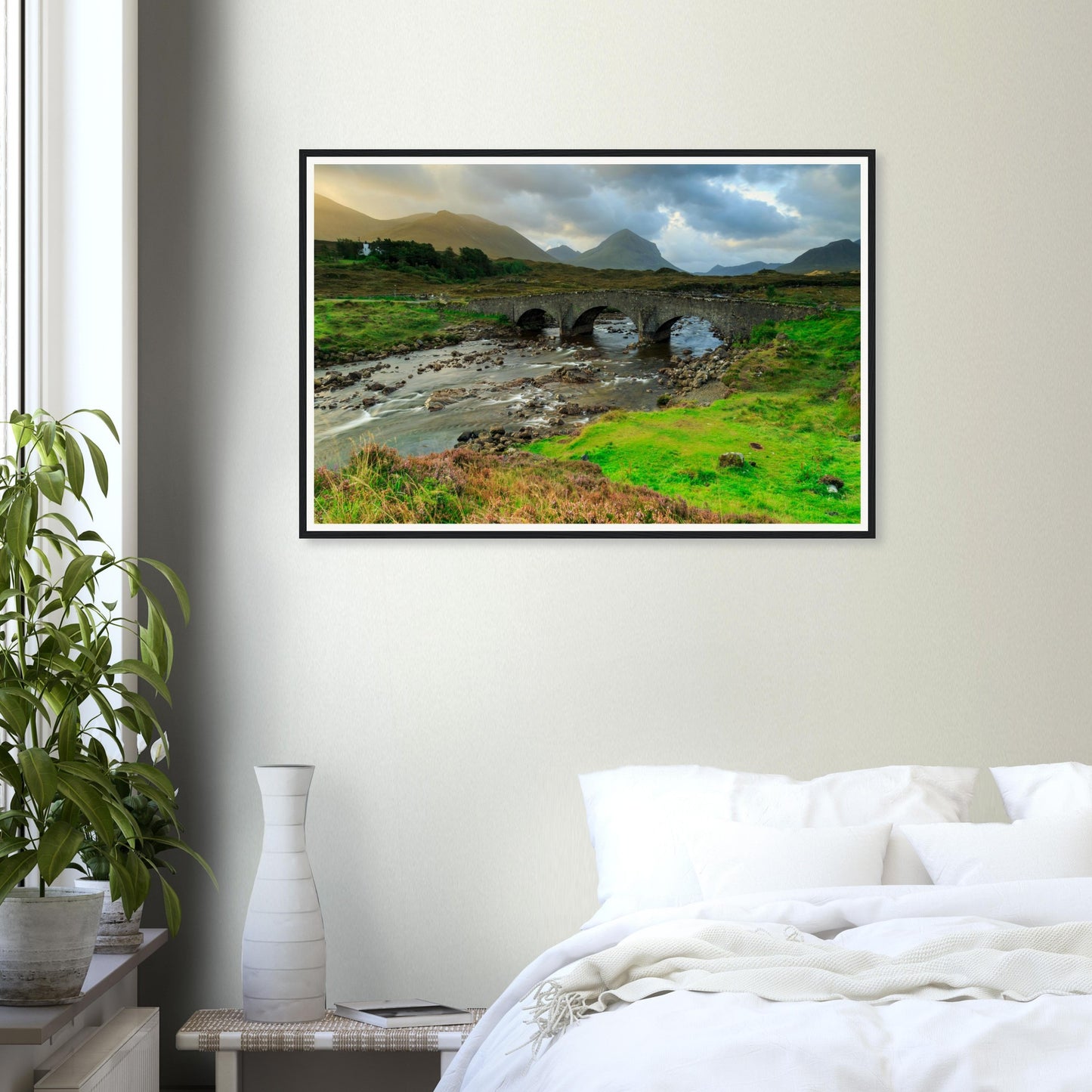 Atmospheric Isle of Skye framed print of Sligachan Old Bridge and mountains