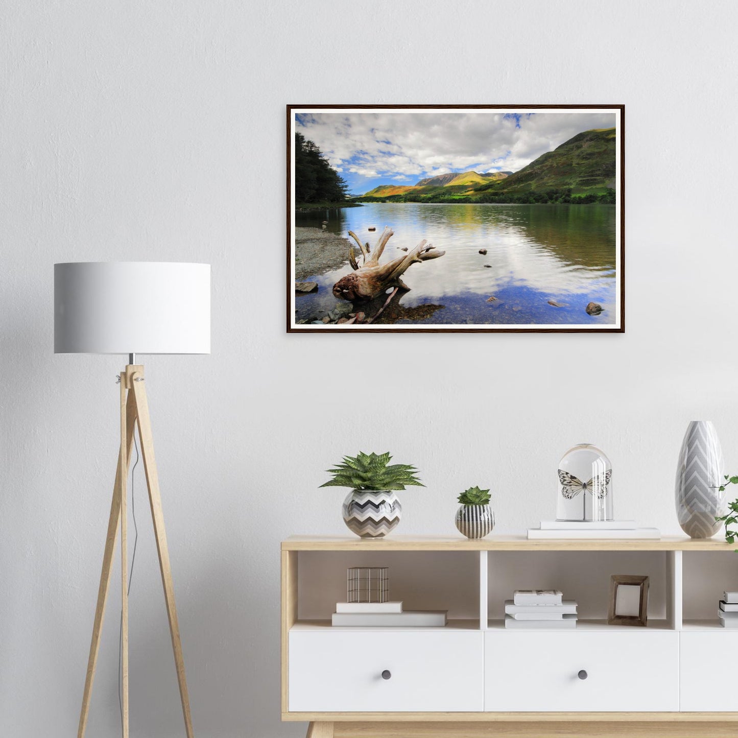Framed print of Buttermere with vibrant green fells and blue sky