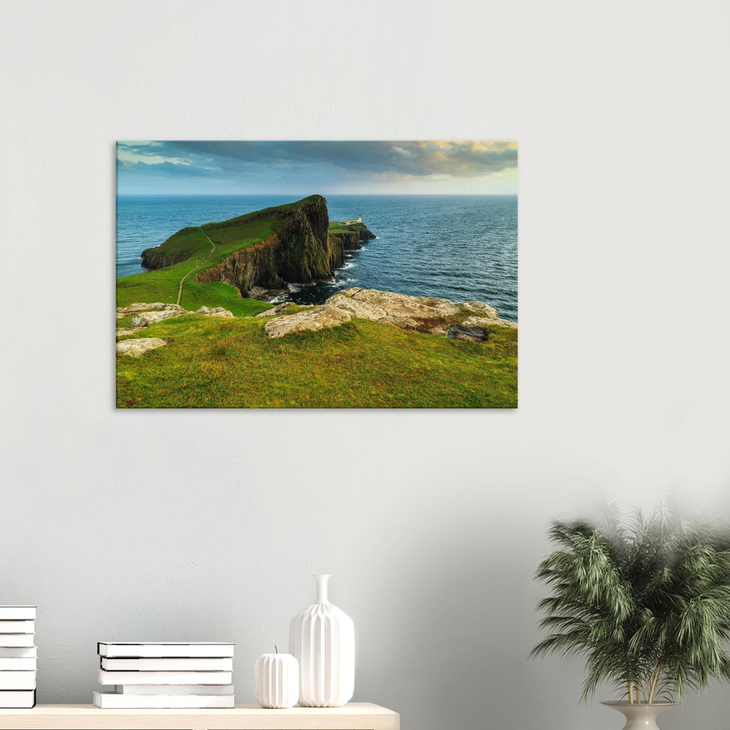 Canvas artwork of Neist Point with its grassy headland, sheer drops, and crashing waves below.