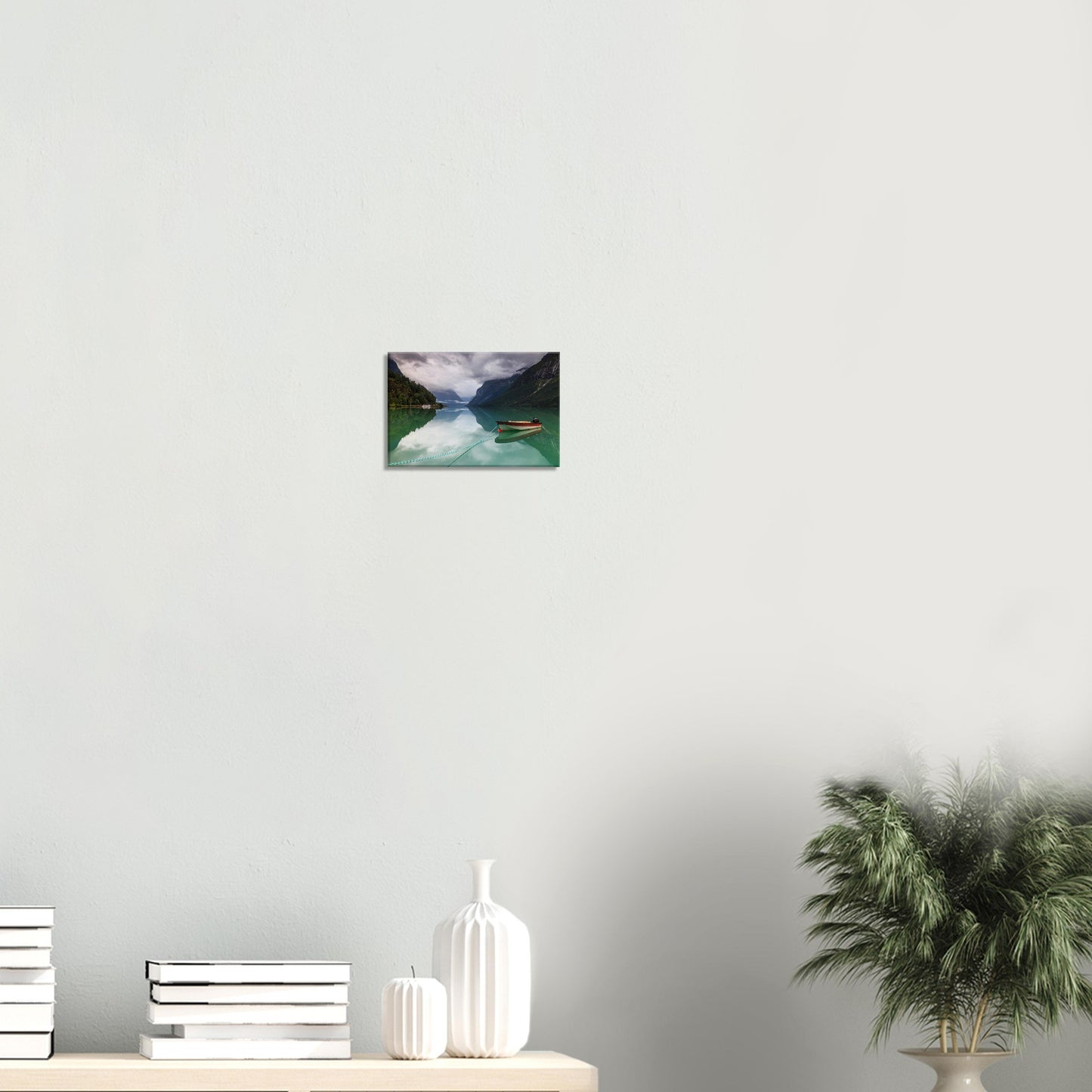 Mist-covered mountains over calm emerald lake in Norway, printed on canvas.