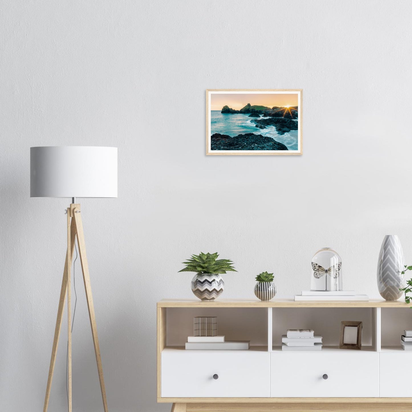 Scenic Cornwall framed print of Kynance Cove rocks at sunset