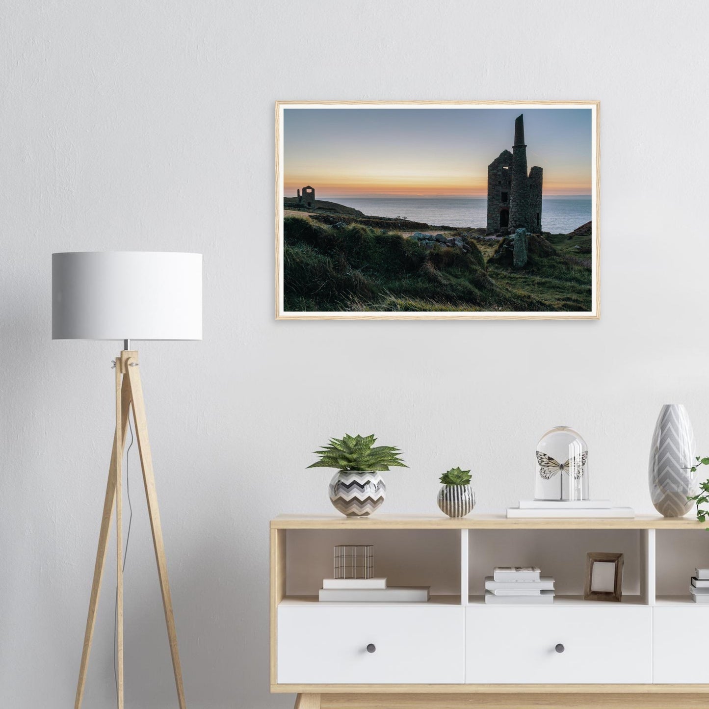 Framed wall art of Wheal Owles silhouetted against sunset sky