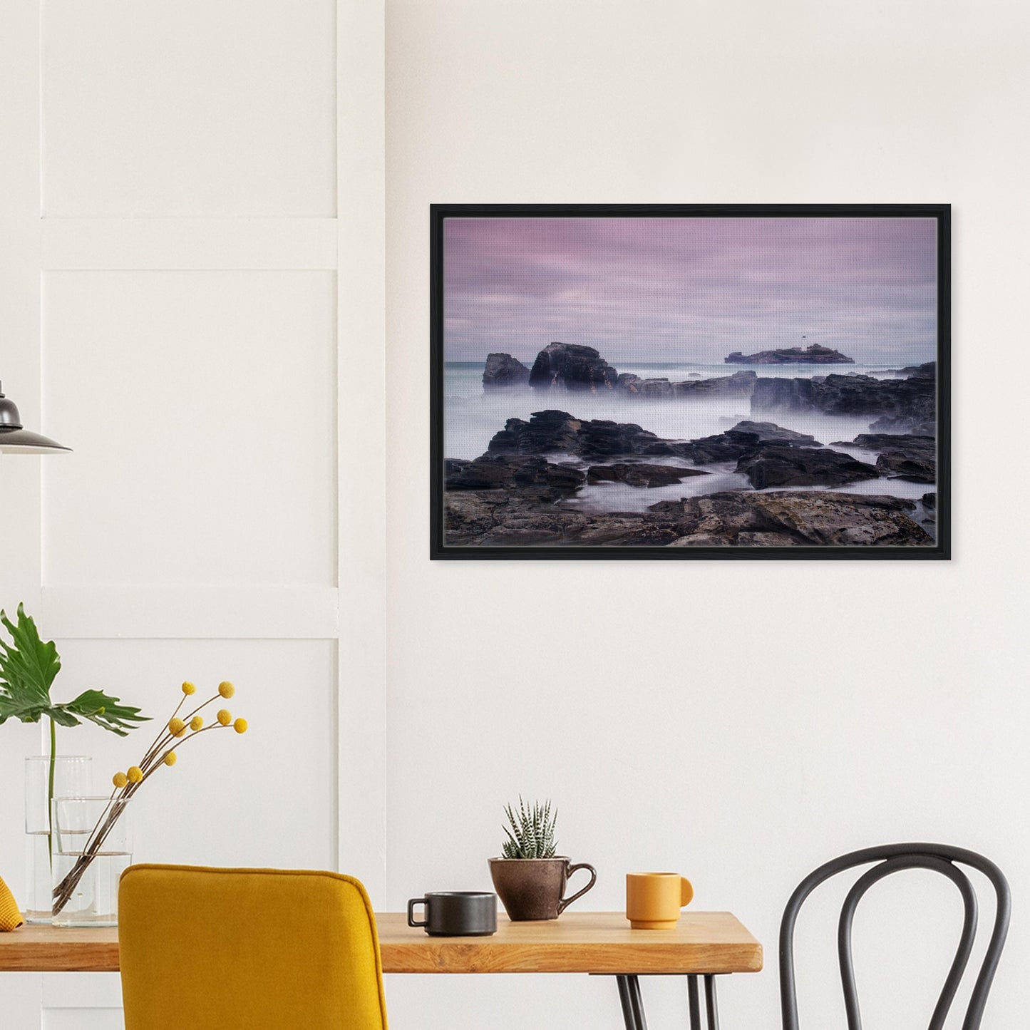 Lighthouse framed canvas with foggy sea and subtle colour tones