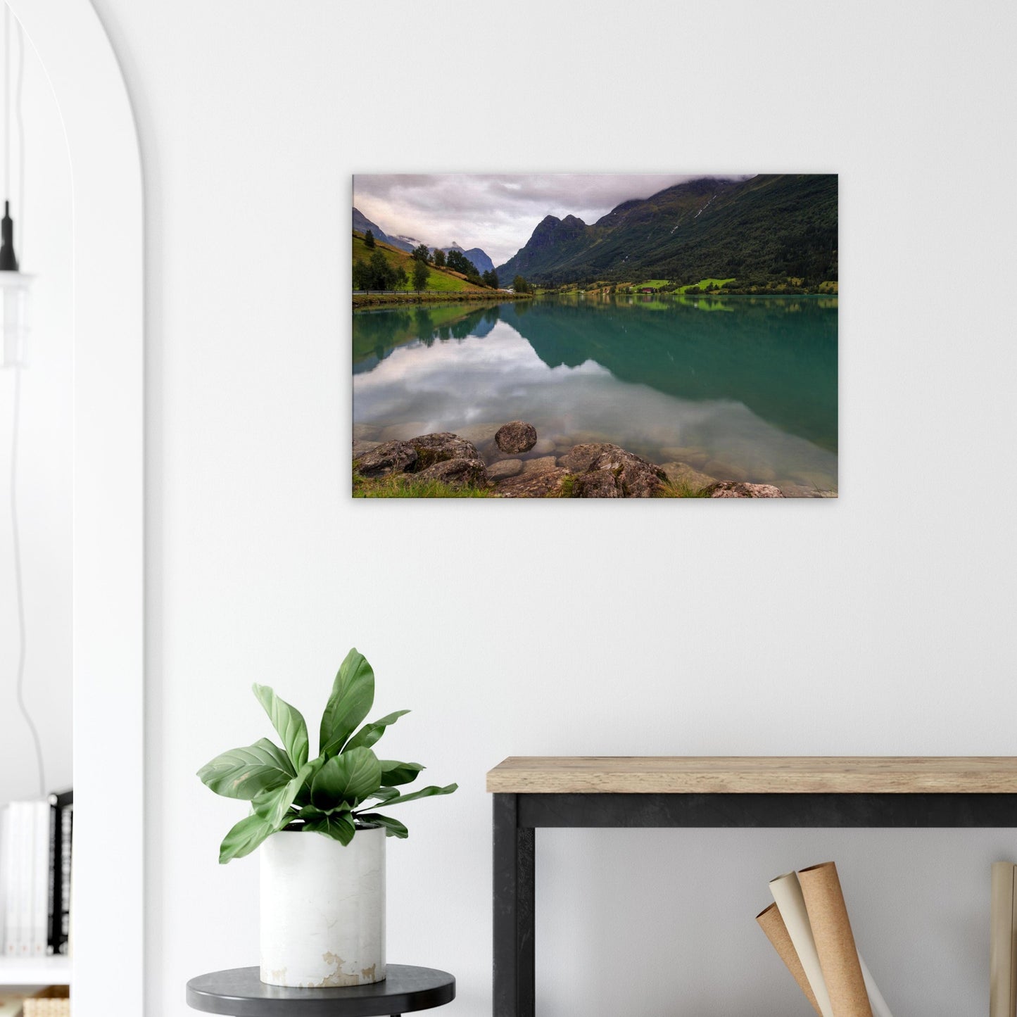 Vivid depiction of Norway’s Lake Floen with mirror-like lake surface, framed by lush valley and silent mountain peaks.