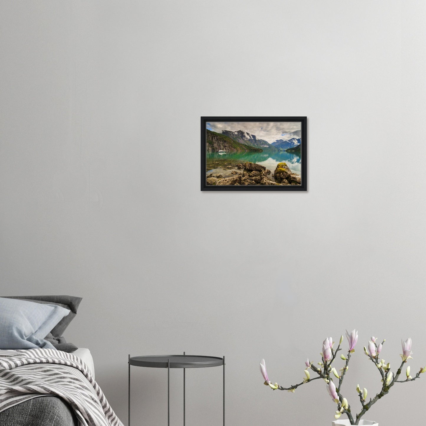 Reflective waters and quiet boat in Strynevatnet canvas