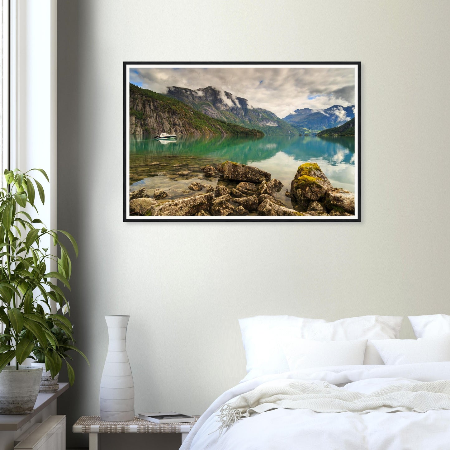 Framed print of Strynevatnet Lake Norway with peaceful boat