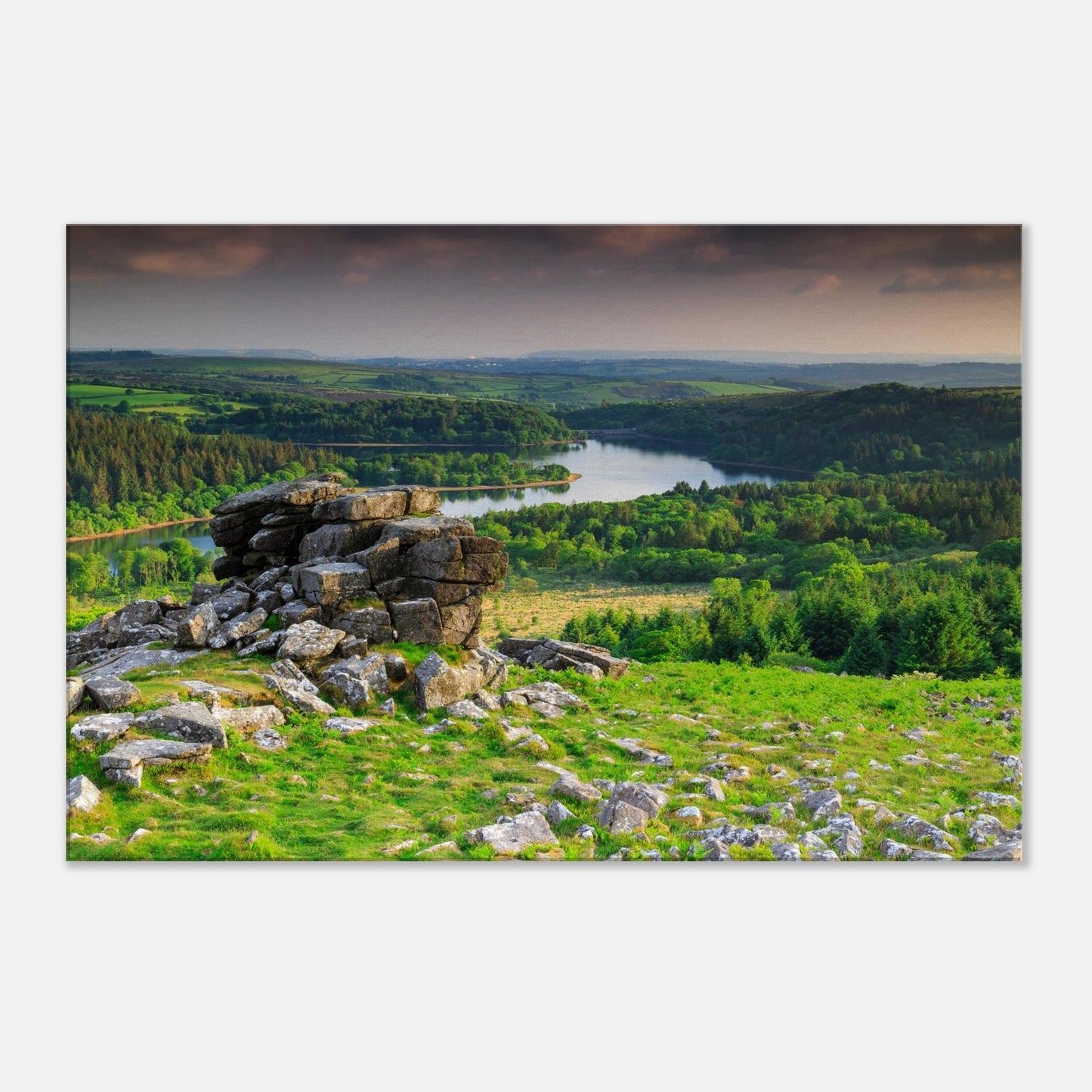 Rugged Leather Tor and tranquil lake scene from Dartmoor, printed on canvas.