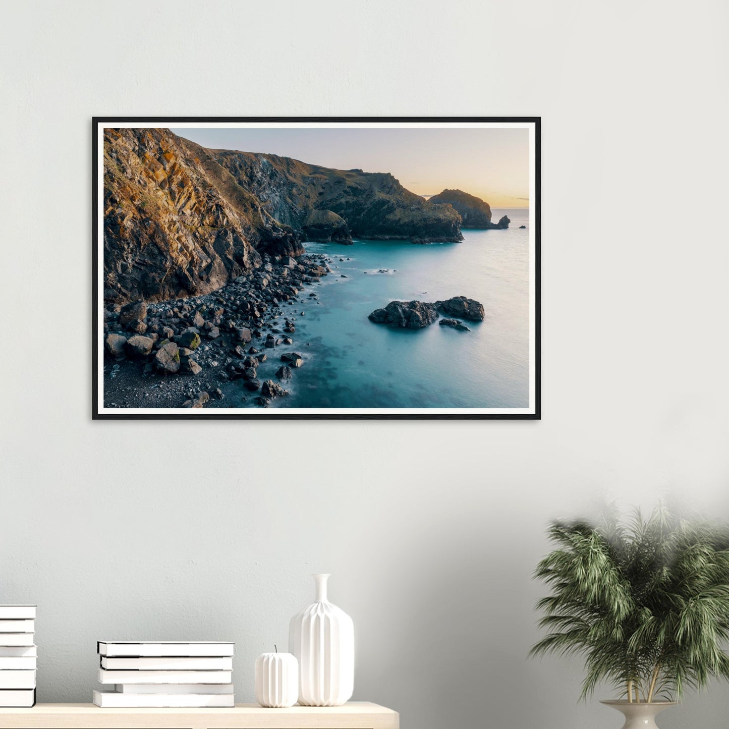 Sunset hues over Mullion Cove framed wall art Cornwall