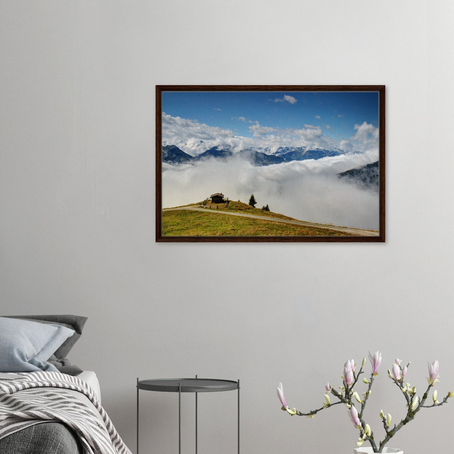 Austria’s high alpine landscape with cabin and clouds in frame