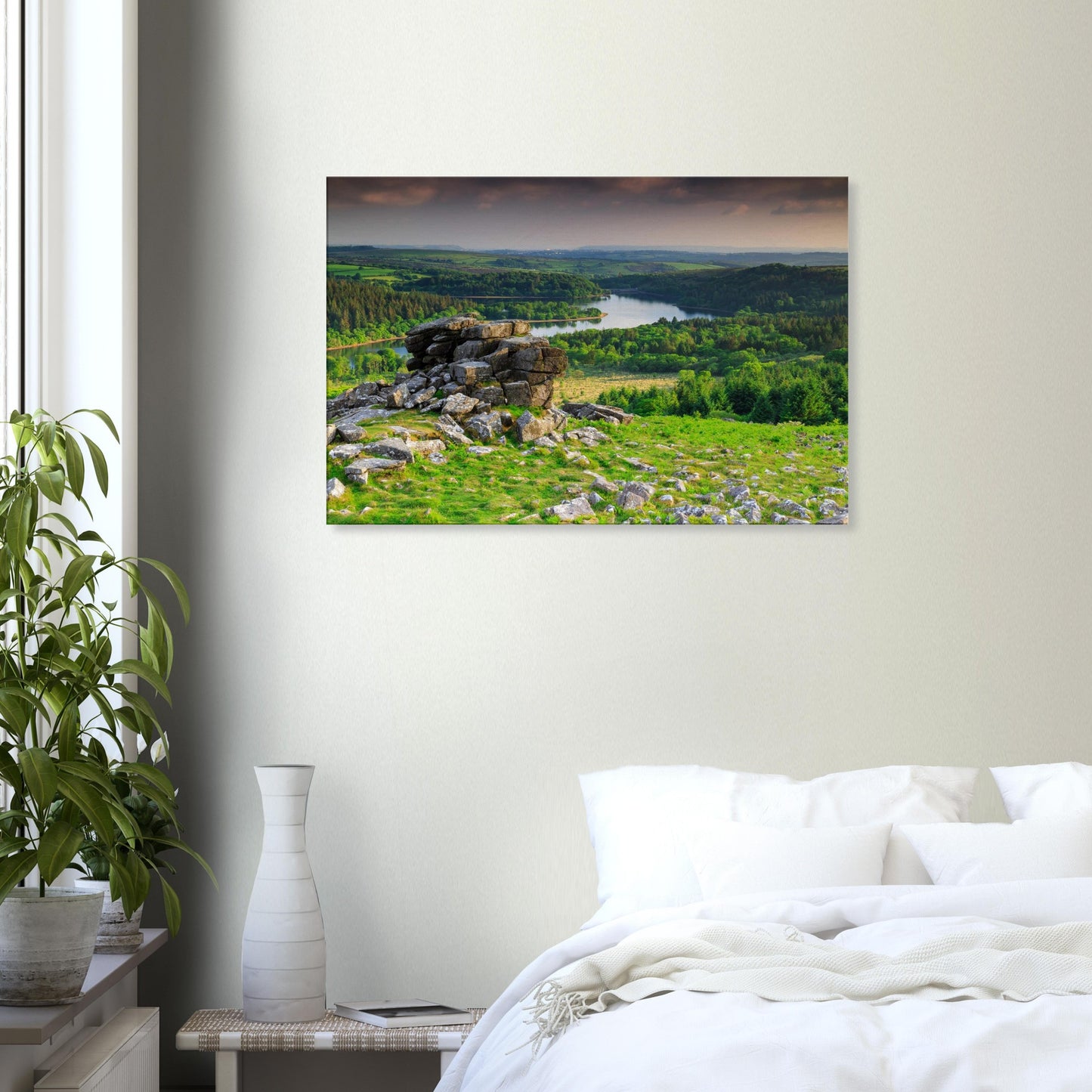 Scenic Dartmoor composition of rock, water, and woodland, with Leather Tor focus.