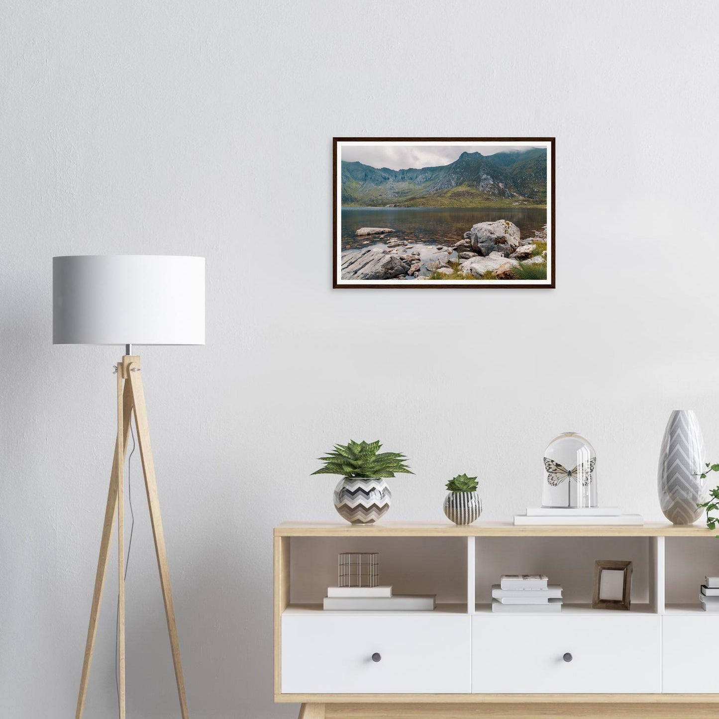 Towering cliffs above Llyn Idwal framed landscape wall art