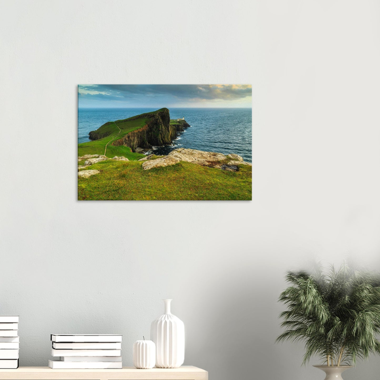 Scenic canvas print showing Neist Point lighthouse at the cliff’s edge, surrounded by wild seascapes.