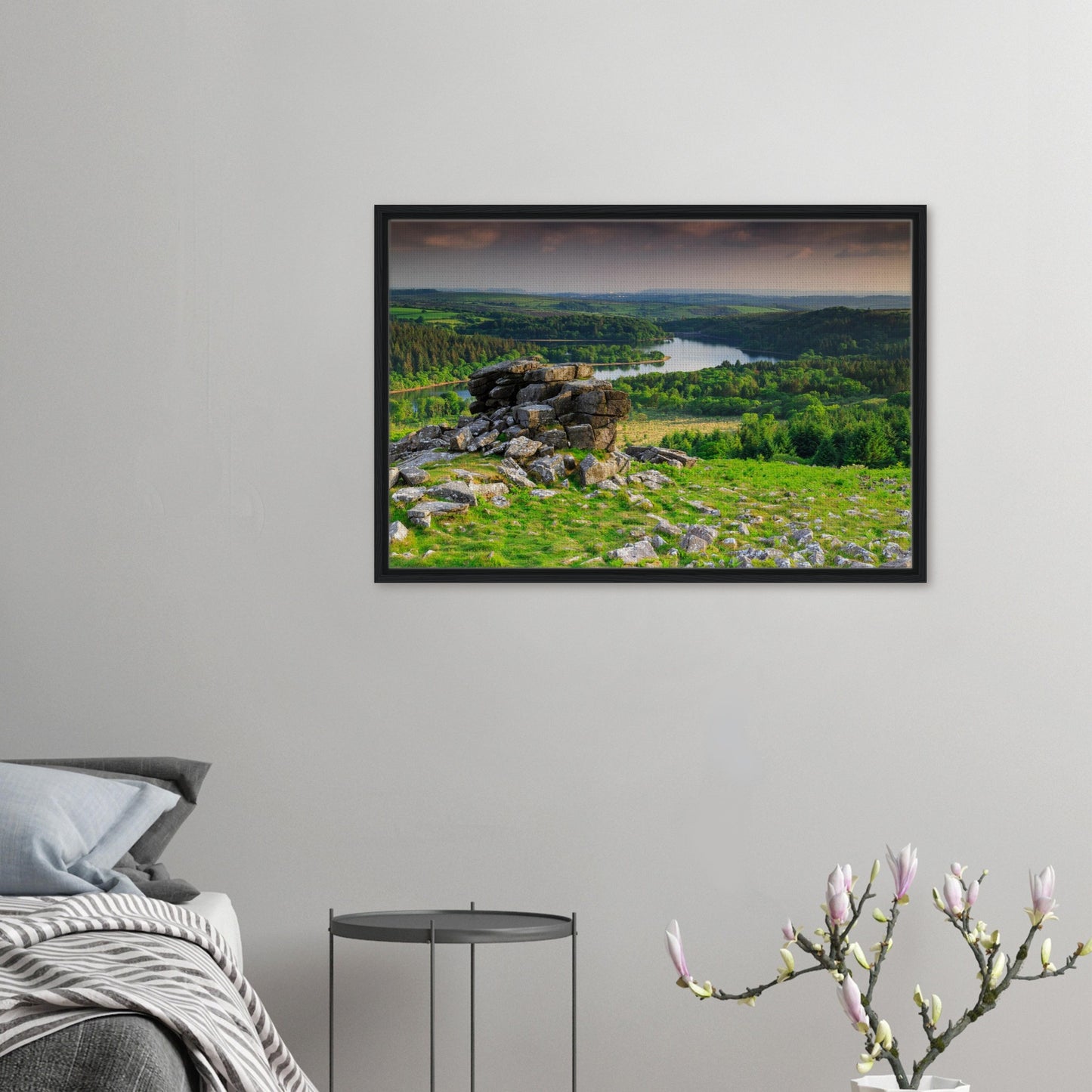 Framed canvas of Leather Tor above Burrator Reservoir in Dartmoor