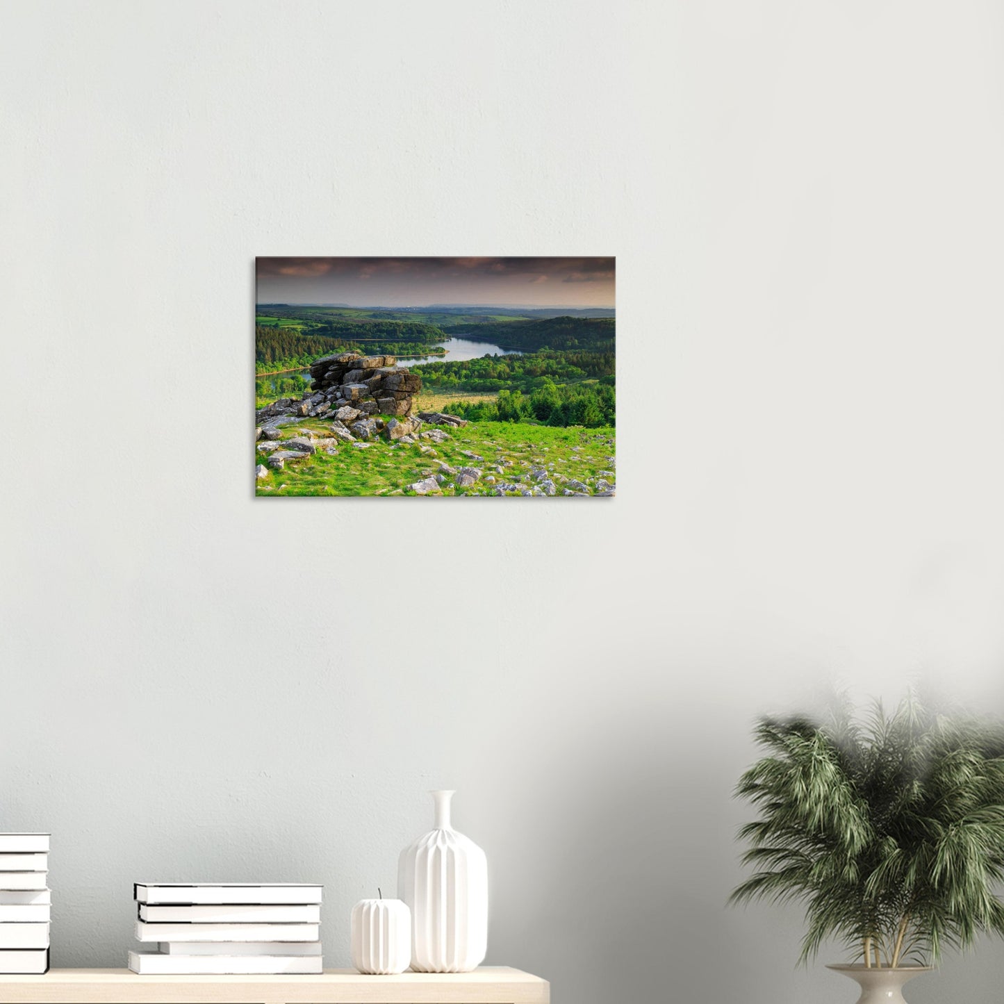 Granite outcrop of Leather Tor above Burrator water, featured on landscape canvas.