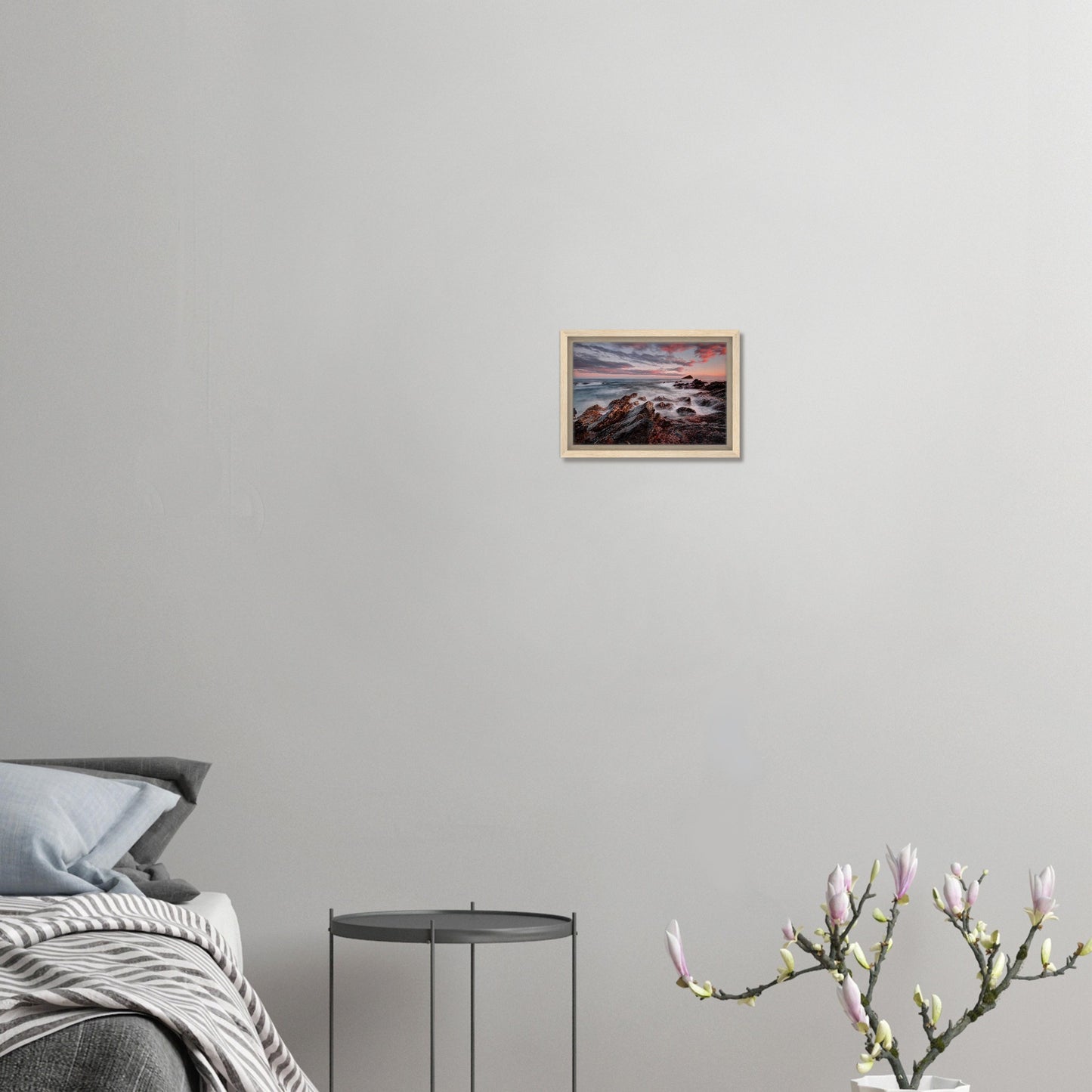 Framed canvas print of Wembury Beach sunset with jagged rocks