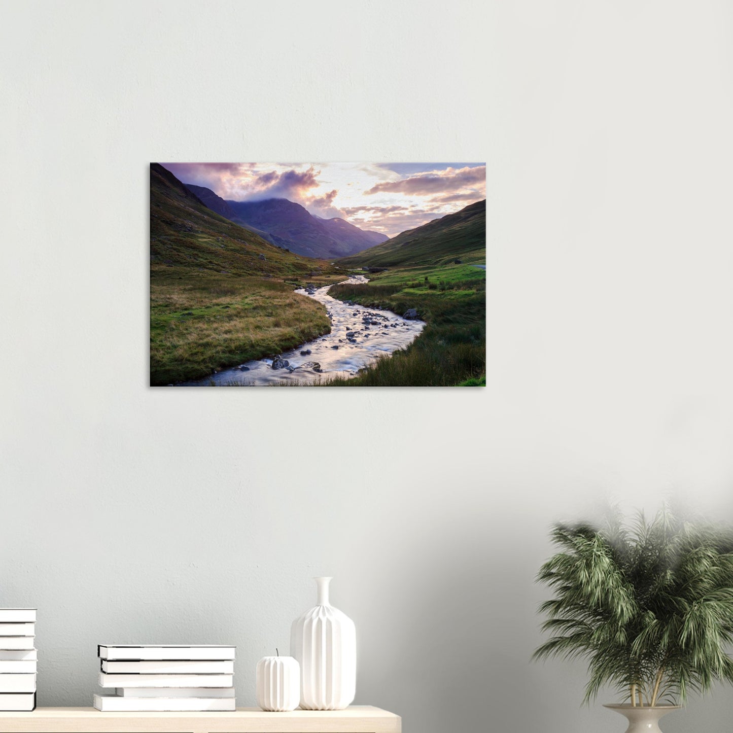 Lake District canvas featuring a tranquil valley at Honister Pass, bathed in golden hour light with majestic mountains behind.
