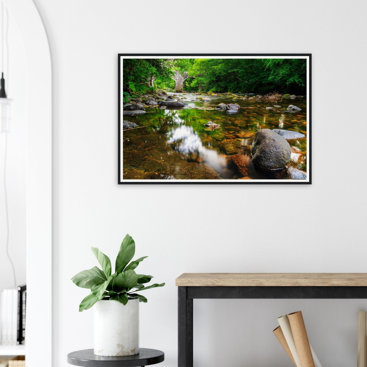 Reflective river waters and arches at Newbridge framed art