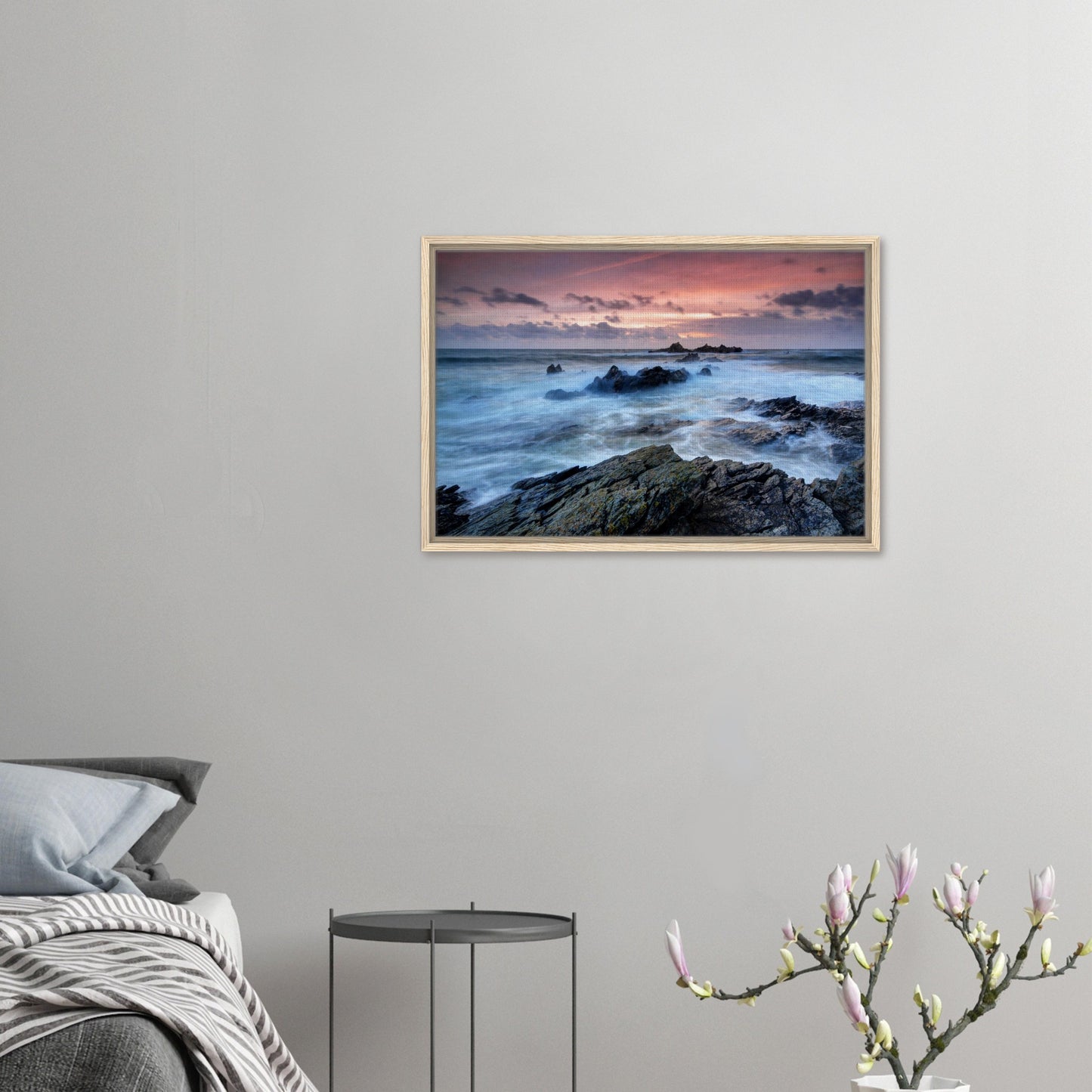Heybrook Bay framed canvas with glowing sky and jagged rocks