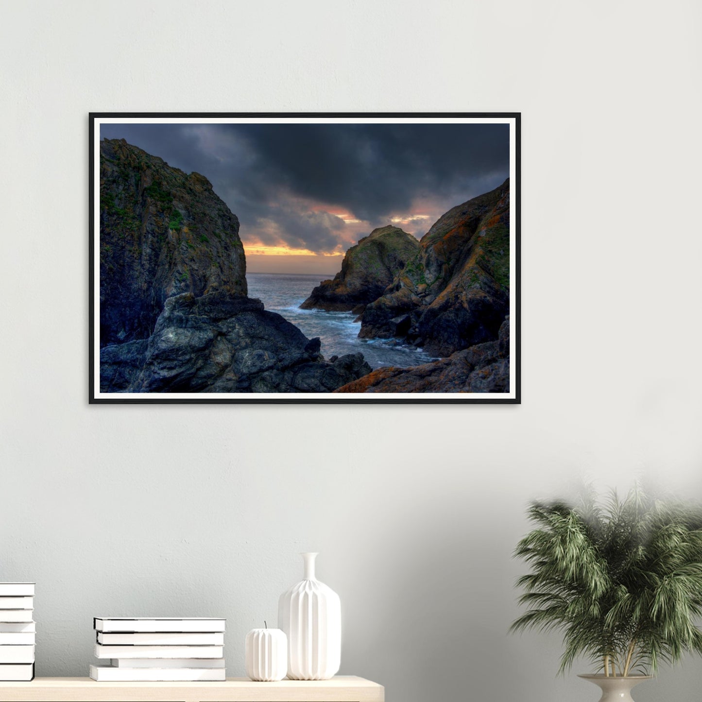 Sunset over Cornwall’s Mullion Cove rugged coastline
