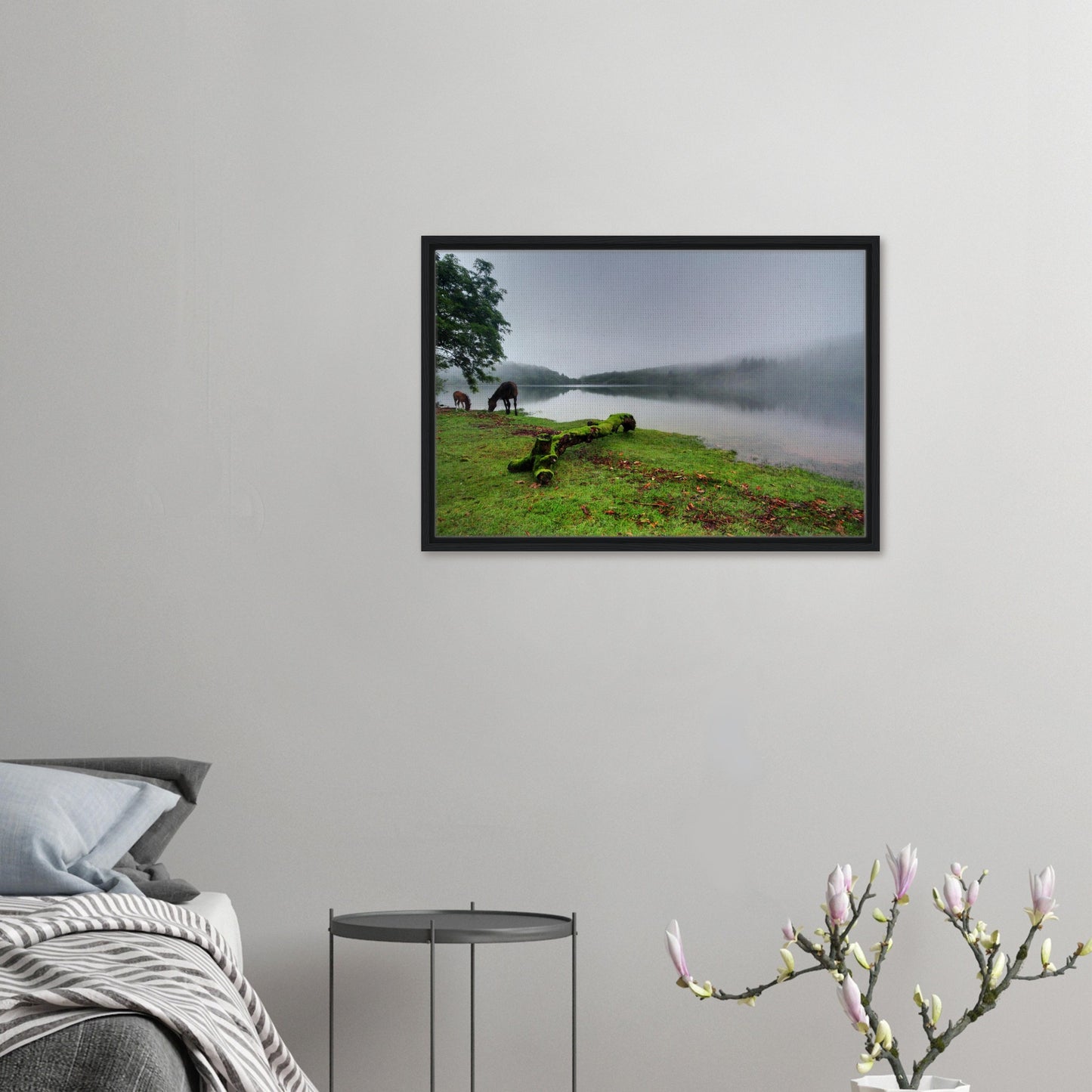 Misty Burrator Reservoir with mare and foal in framed canvas