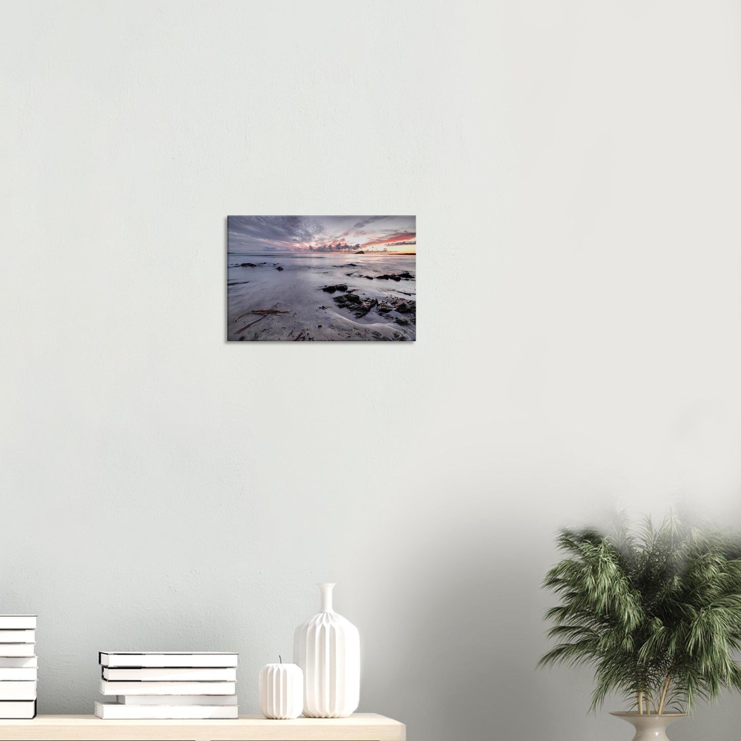 Coastal landscape canvas print of Wembury Beach, Devon, with fading golden hour light, silhouetted Mewstone, and driftwood-strewn shore.