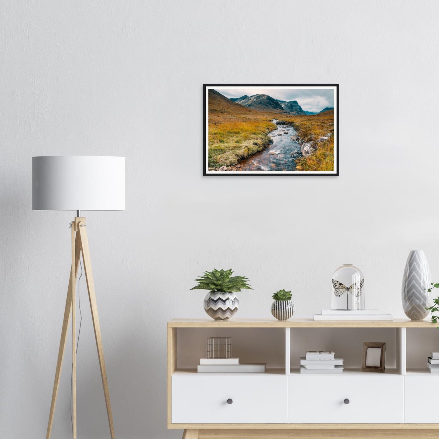 Tranquil framed print of Glencoe Valley golden moorland