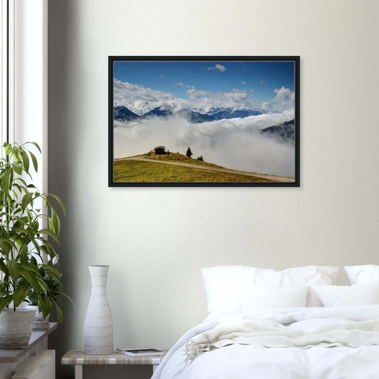Framed canvas of Austrian Alps with blue sky and drifting clouds