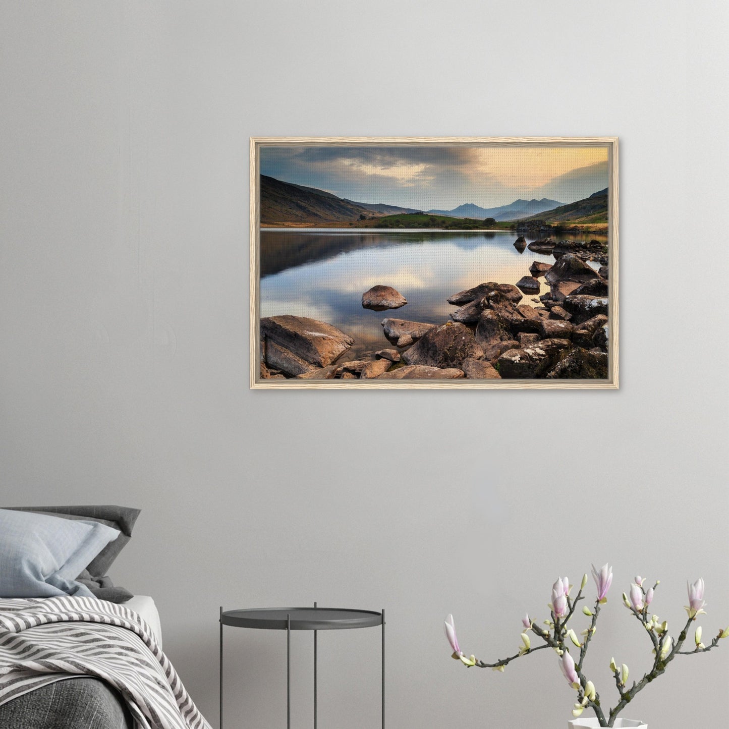 Framed landscape canvas of Llynnau Mymbyr at golden hour