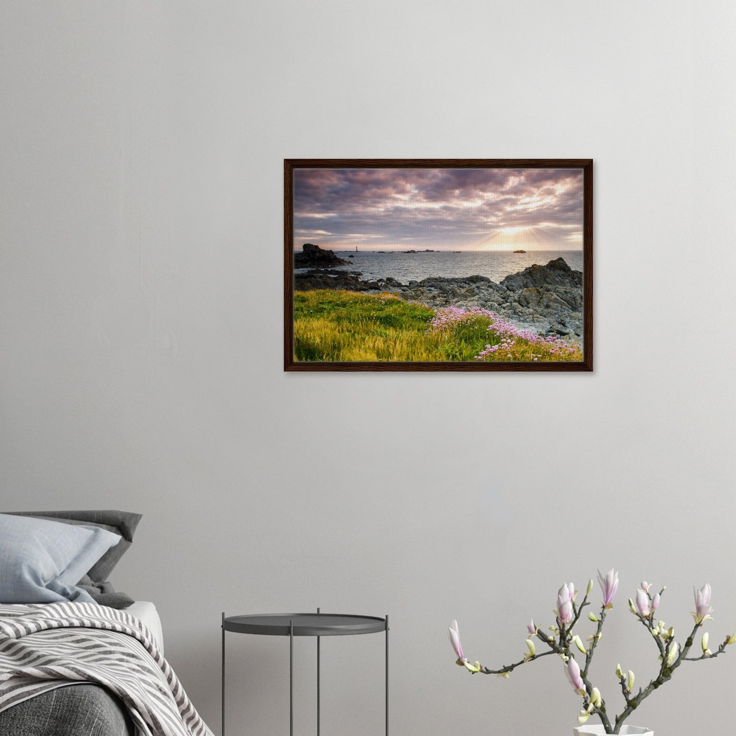 Wildflowers and rugged rocks at Pleinmont Point framed artwork