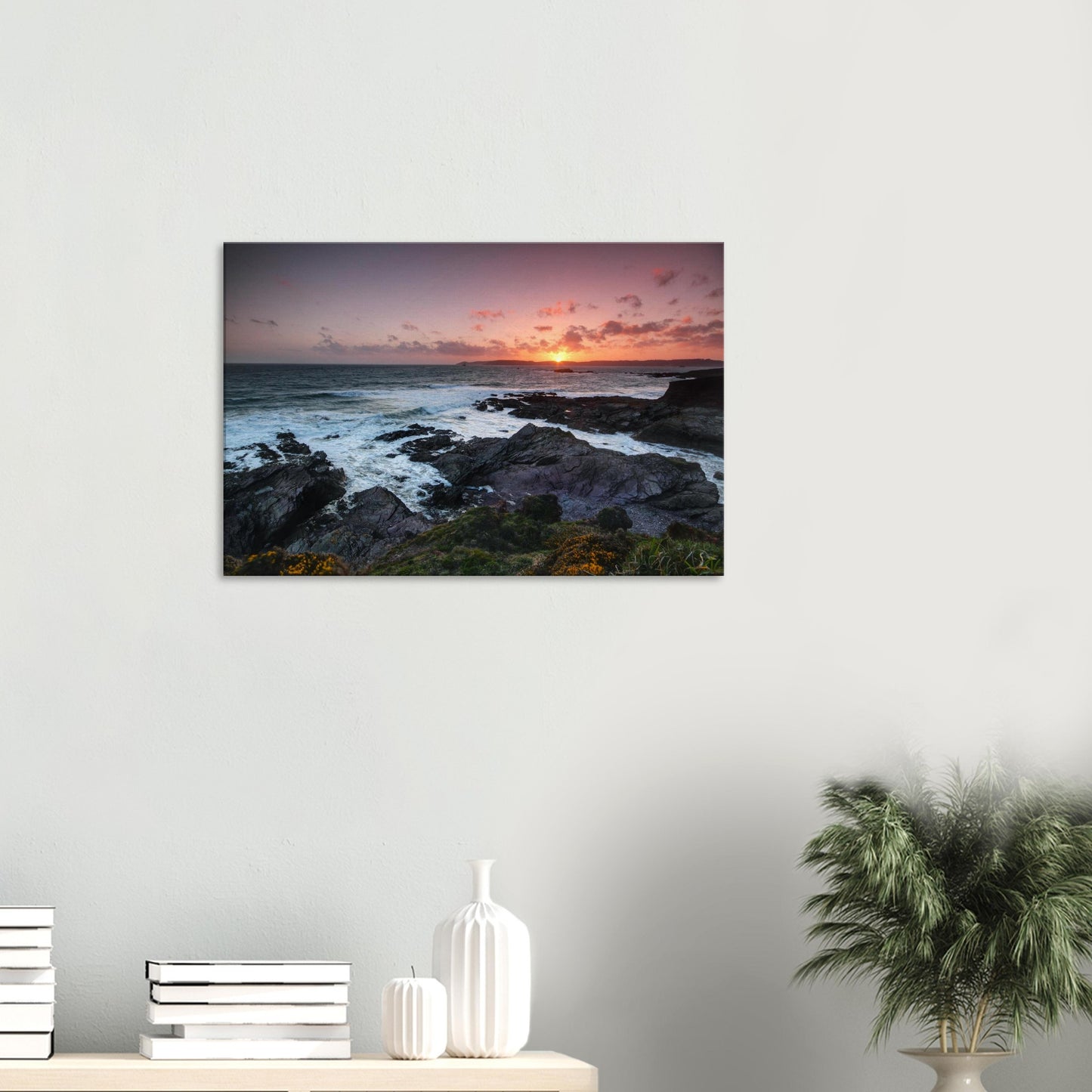 Coastal evening canvas showing Heybrook Bay’s cliffs glowing in soft golden light and wildflowers moving with the sea breeze.