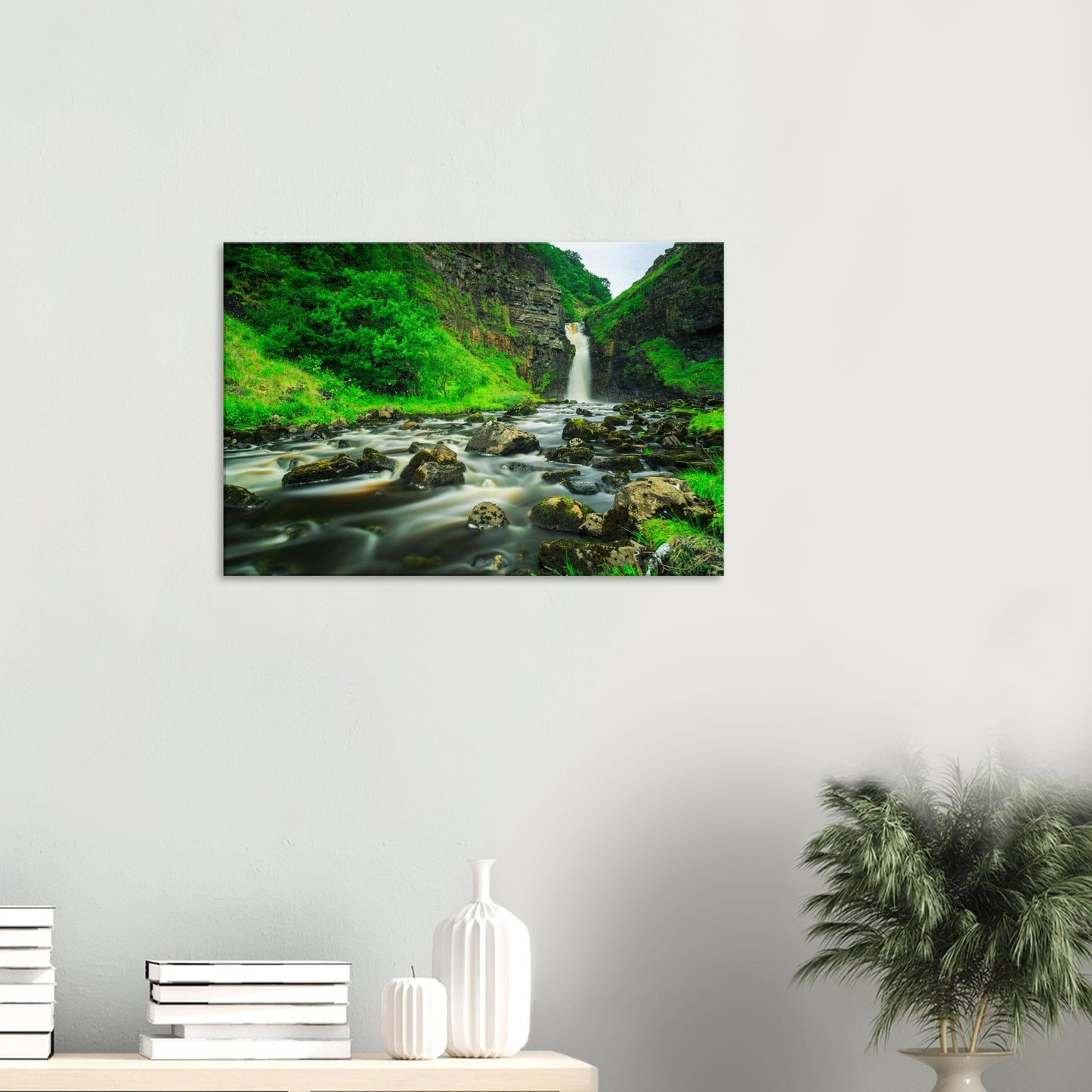 Canvas print depicting the powerful yet peaceful Lealt Falls waterfall with soft water textures and natural framing foliage.