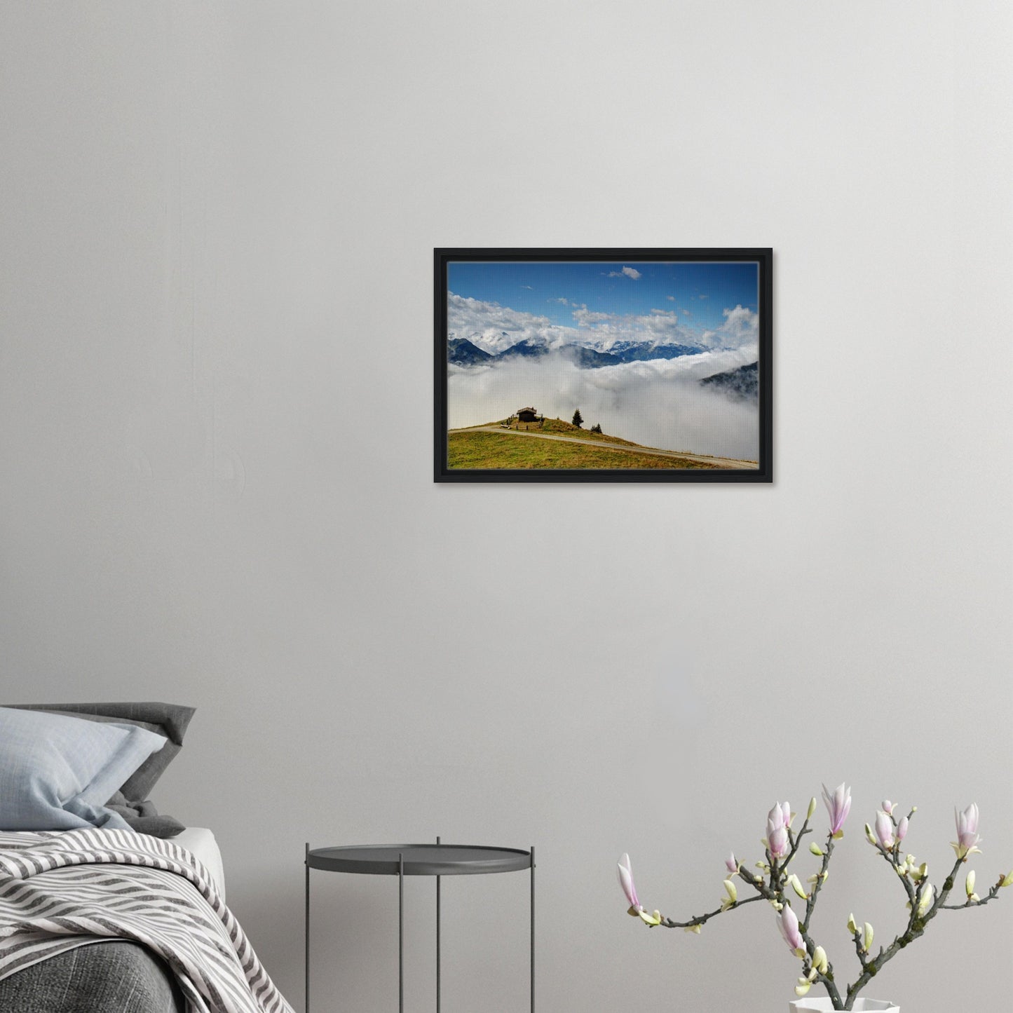 Framed canvas capturing Austria’s Panoramabahn from above the clouds
