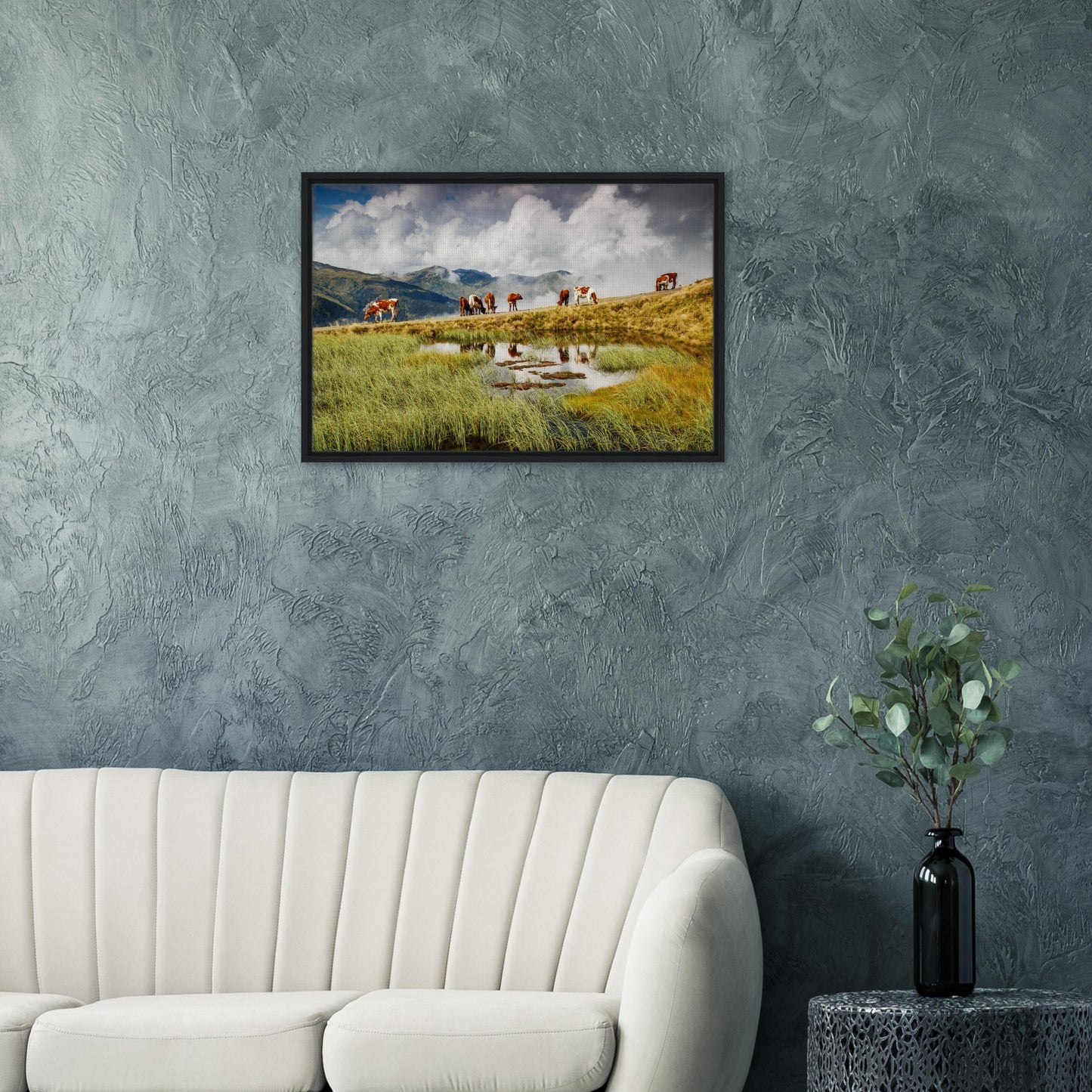 Mountain mist and cow reflections in Resterhöhe framed print