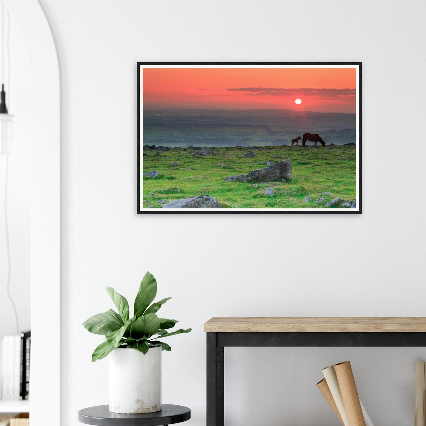 Atmospheric Dartmoor sunset framed wall art of mare and foal