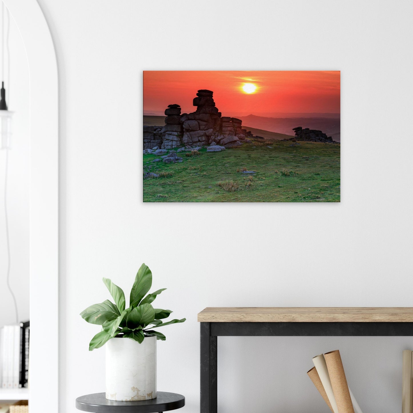 Granite stacks of Great Staple Tor under glowing evening sky, canvas artwork.