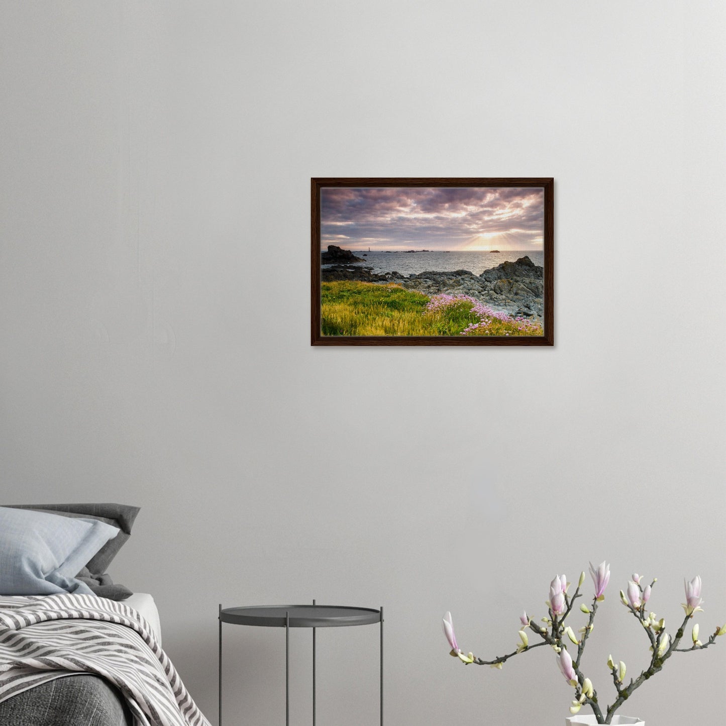 Les Hanois Lighthouse framed by dramatic sunset sky in print