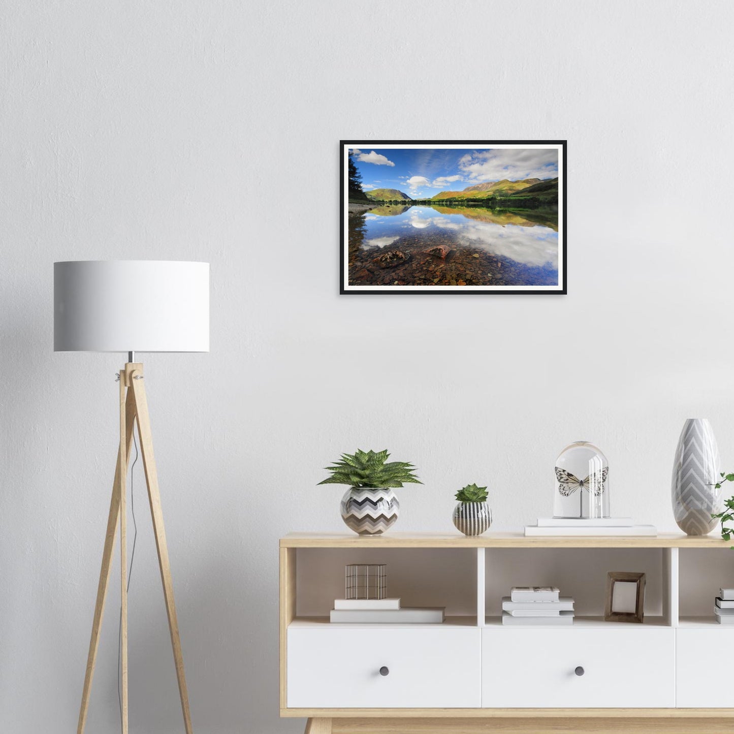 Buttermere Lake reflections framed wall art with lush fells