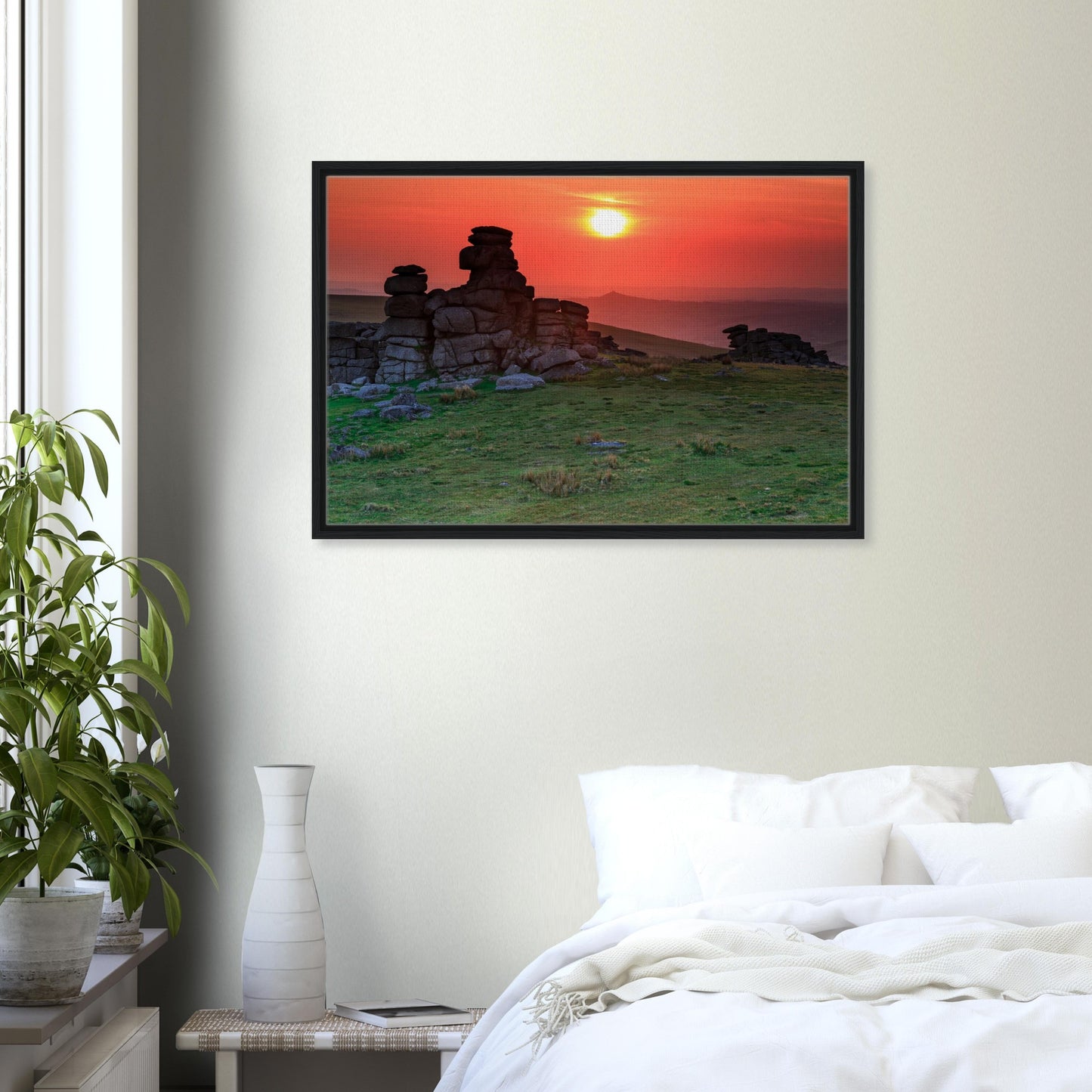 Framed landscape of Great Staple Tor in golden hour light