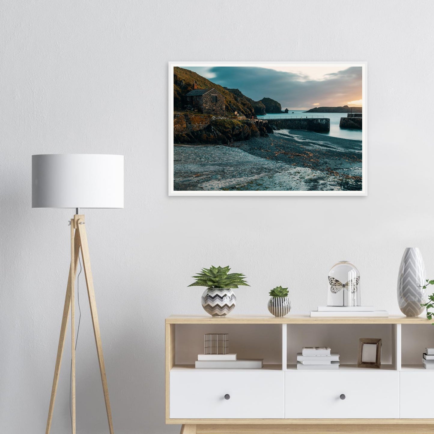 Framed print of Mullion Cove Cornwall with stone harbour house