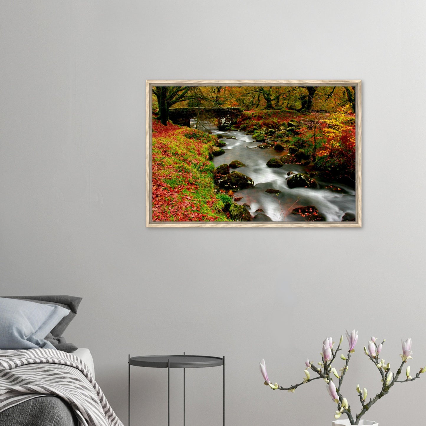 Framed canvas art of Dartmoor woodland with flowing water and bridge