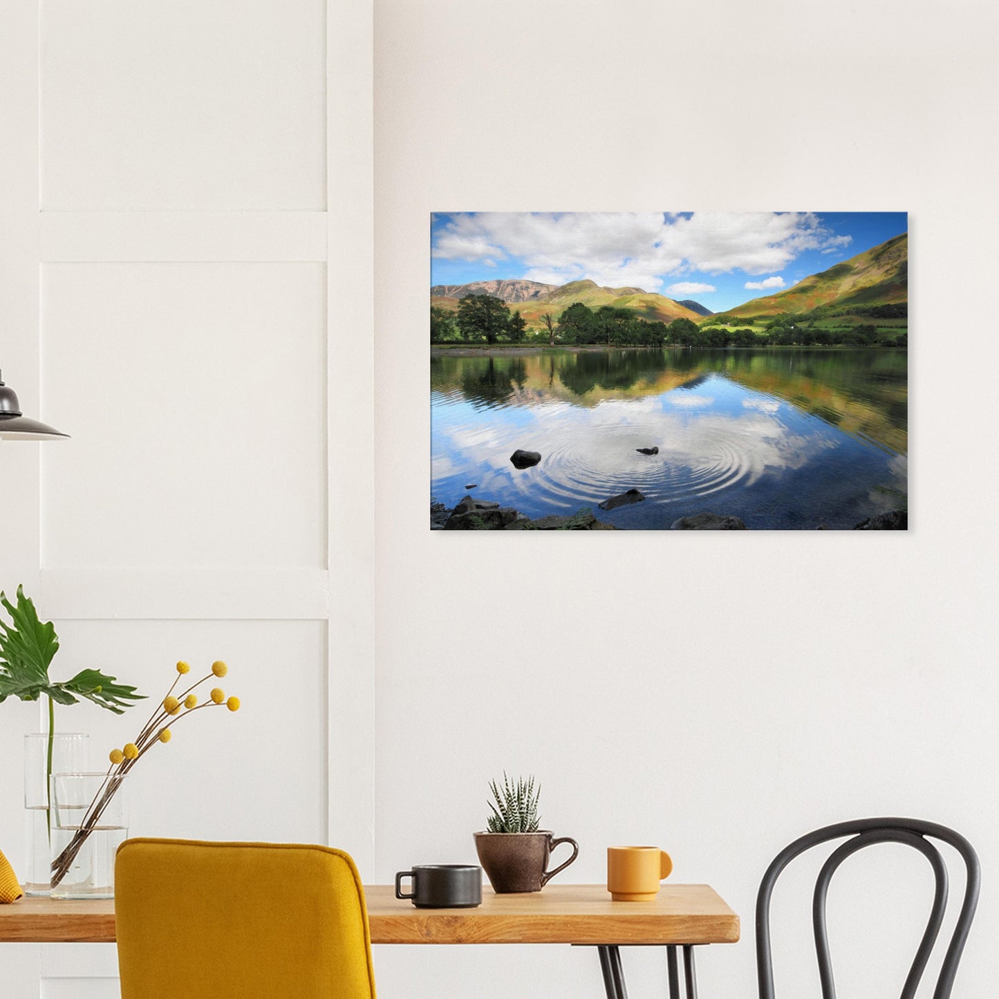 Serene landscape canvas of Buttermere Lake with ripples in reflective water and sun-dappled fells adding texture to the scene.