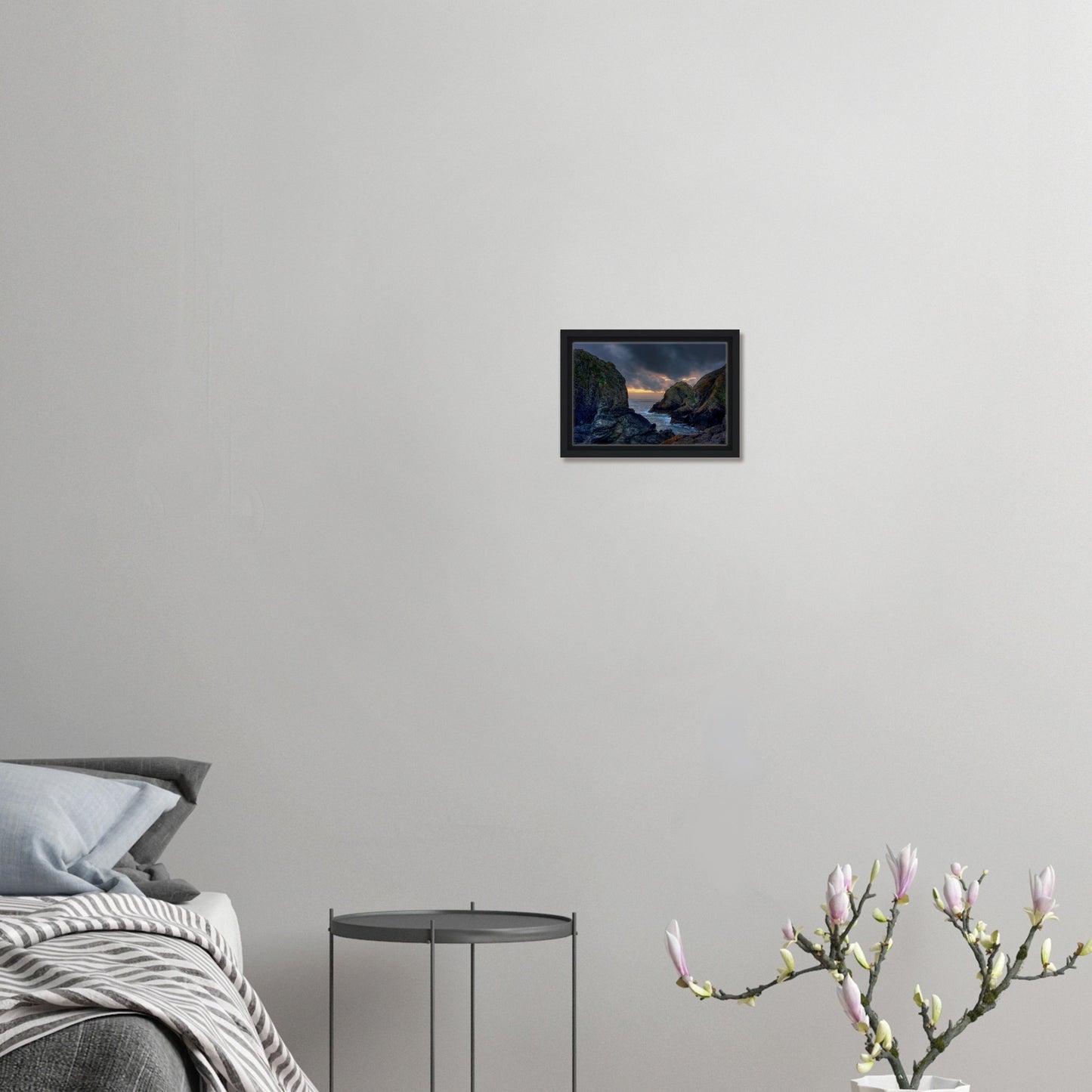 Framed canvas of peaceful cove scene with golden light